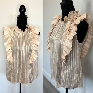 Rebecca Taylor Plaid Sheer Silk Blend Ruffle Short Sleeve Blouse (Sz 4)